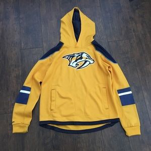 Orange and yellow preds hoodie one full pocket.